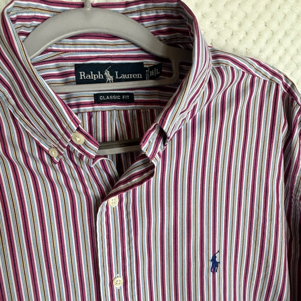 Ralph Lauren Shirt Mens LS Classic Fit Button Down Purple Pink Blue Striped L